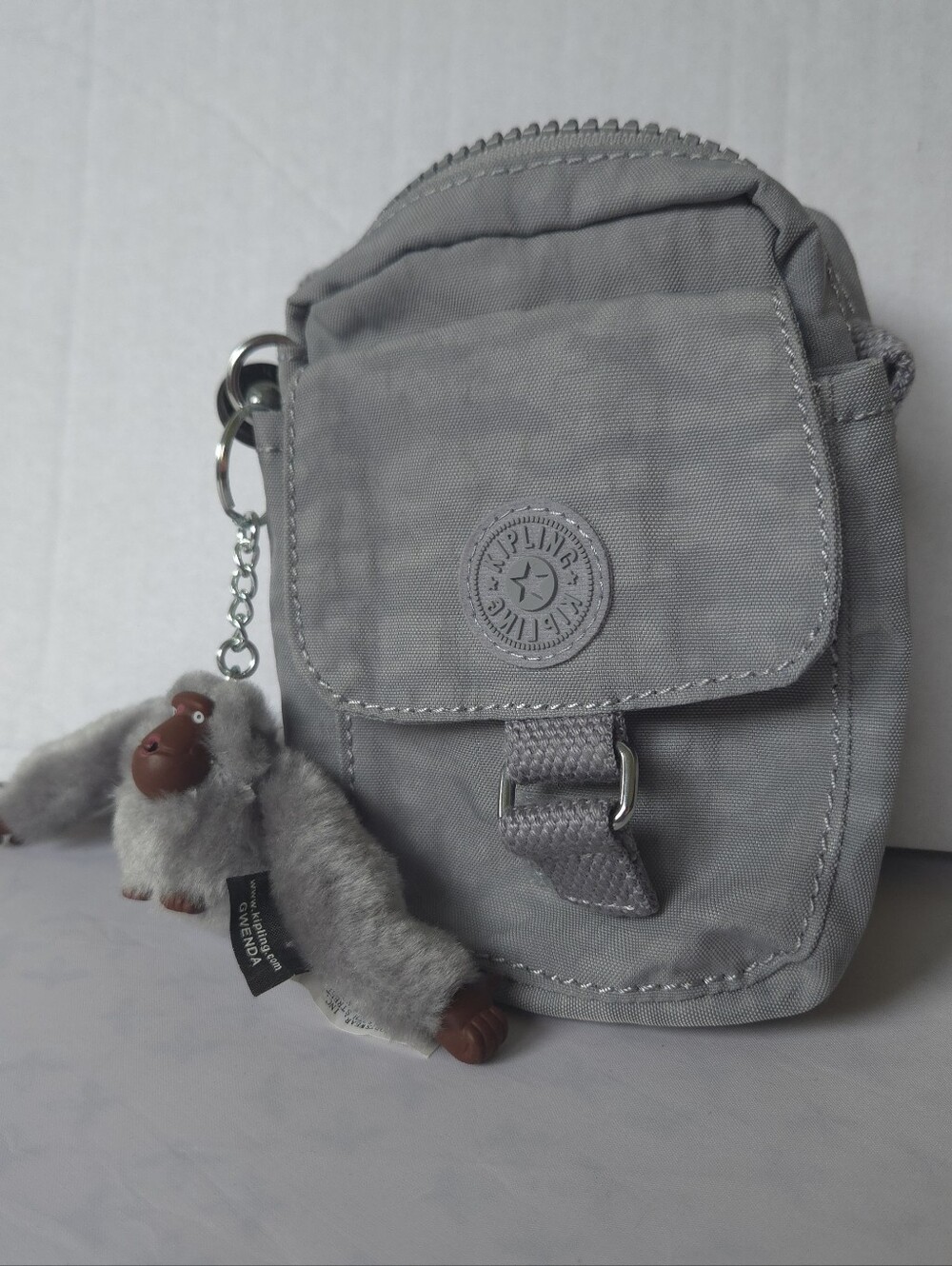 Kipling Grey Crinkle Nylon Mini Crossbody Bag Phone Bag Gwenda Monkey Keychain